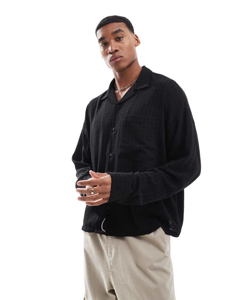 Pull&Bear textured long sleeve shirt in black Pull&Bear