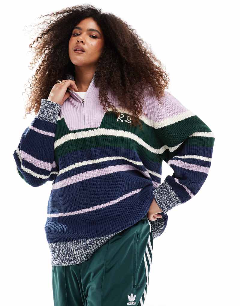 Renee Studio exclusive ribbed half zip funnel neck embroidered logo sweater in lilac multi stripe Renee Studio