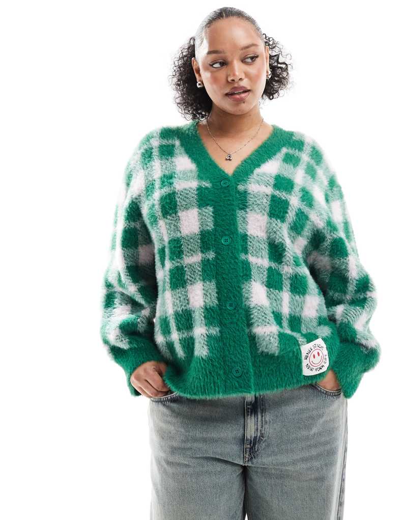 Renee Studio exclusive fluffy button through logo patch cardigan in green check Renee Studio