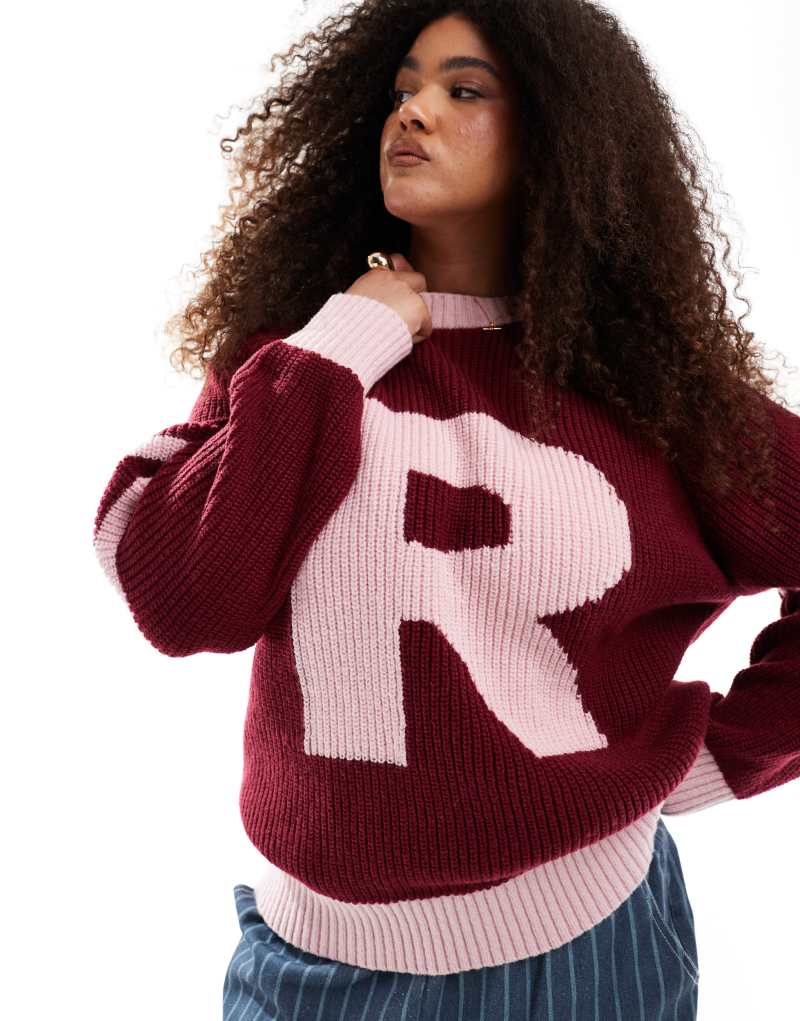 Renee Studio exclusive ribbed varsity R logo sweater in pink and burgundy stripe Renee Studio