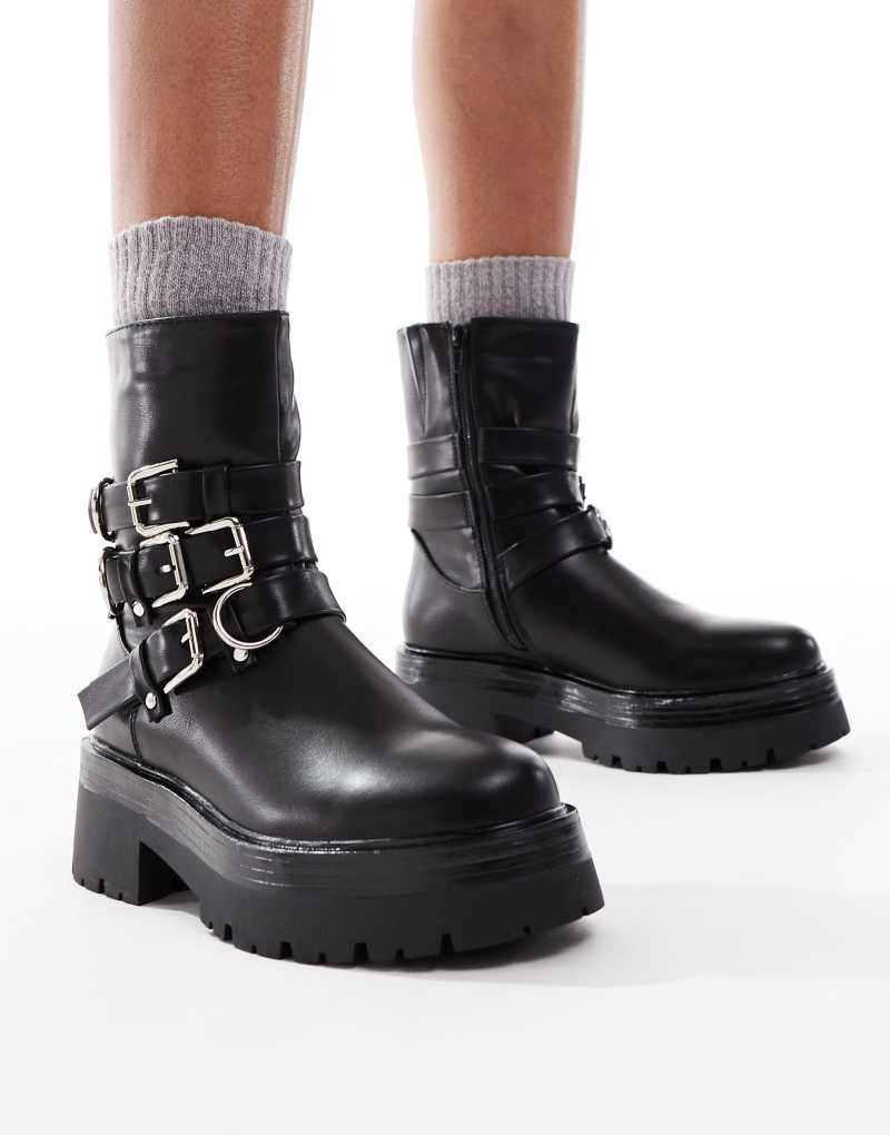 SEQWL buckle biker ankle boots in black SEQWL