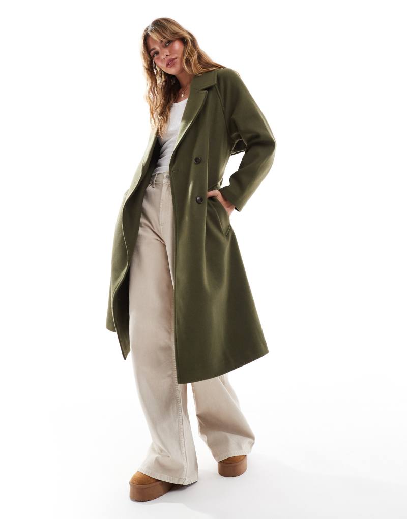 Stradivarius wool look jacket with tie waist in khaki Stradivarius