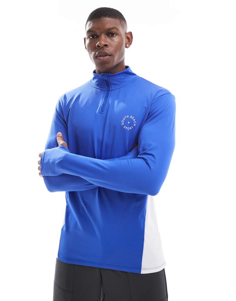 South Beach ski fleece back 1/4 zip long sleeve top in blue SOUTH BEACH