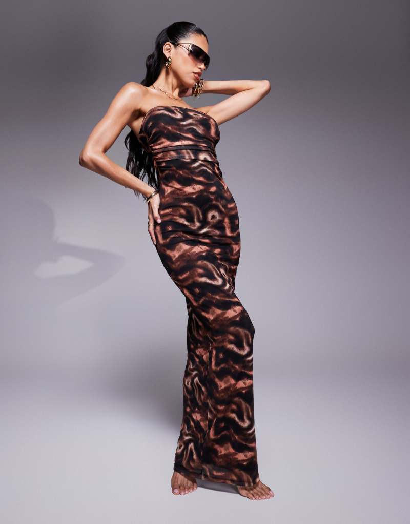 South Beach abstract print lined bandeau mesh maxi beach dress in brown SOUTH BEACH