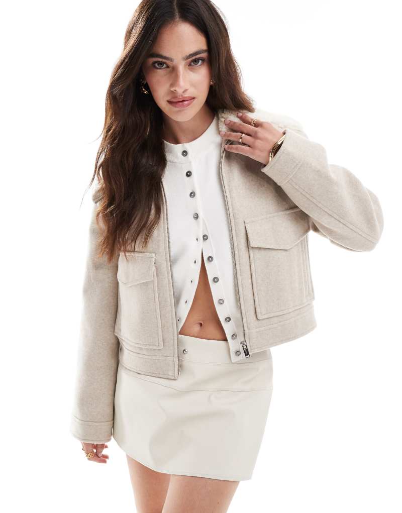 Stradivarius borg collar trucker jacket in beige Stradivarius