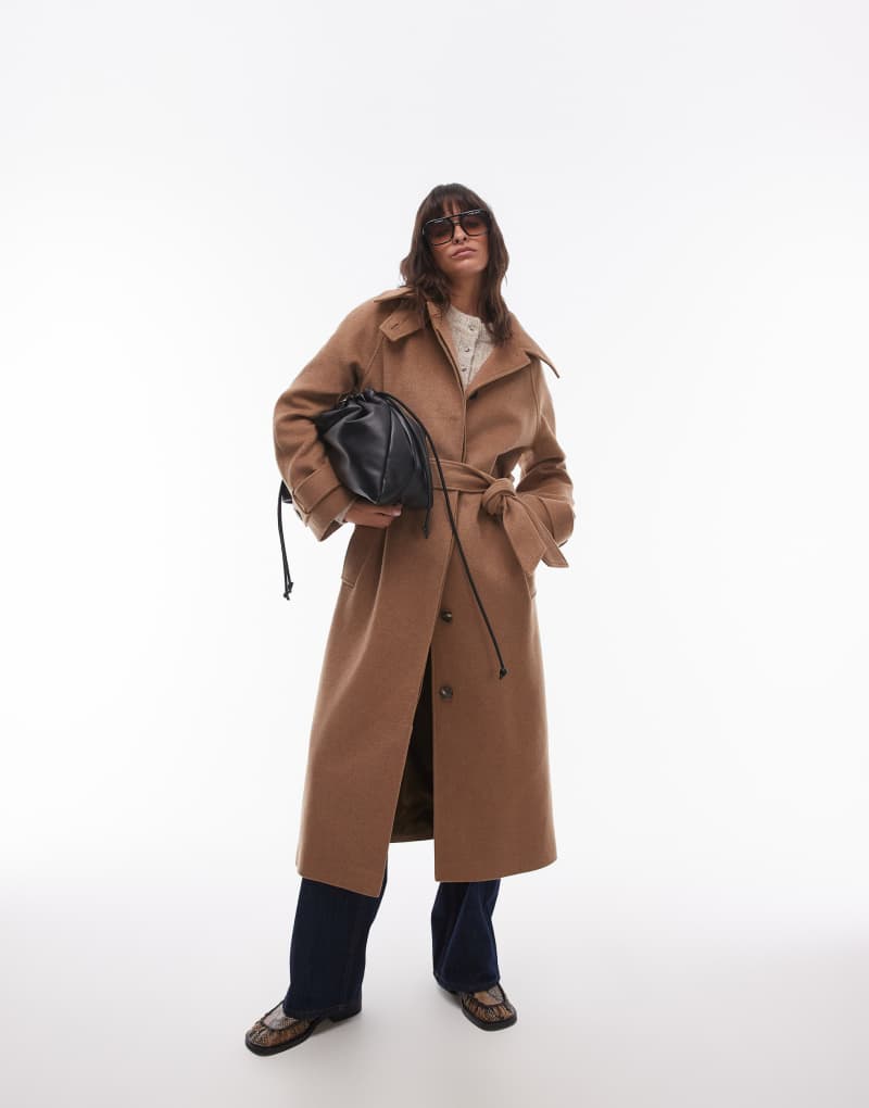 Topshop tab belted car coat twill in camel TOPSHOP