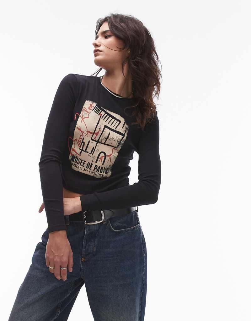 Topshop graphic license Paul klee long sleeve top in charcoal TOPSHOP