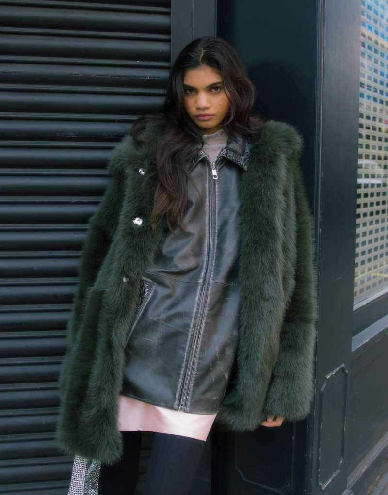 Topshop faux fur funnel midi coat in green TOPSHOP