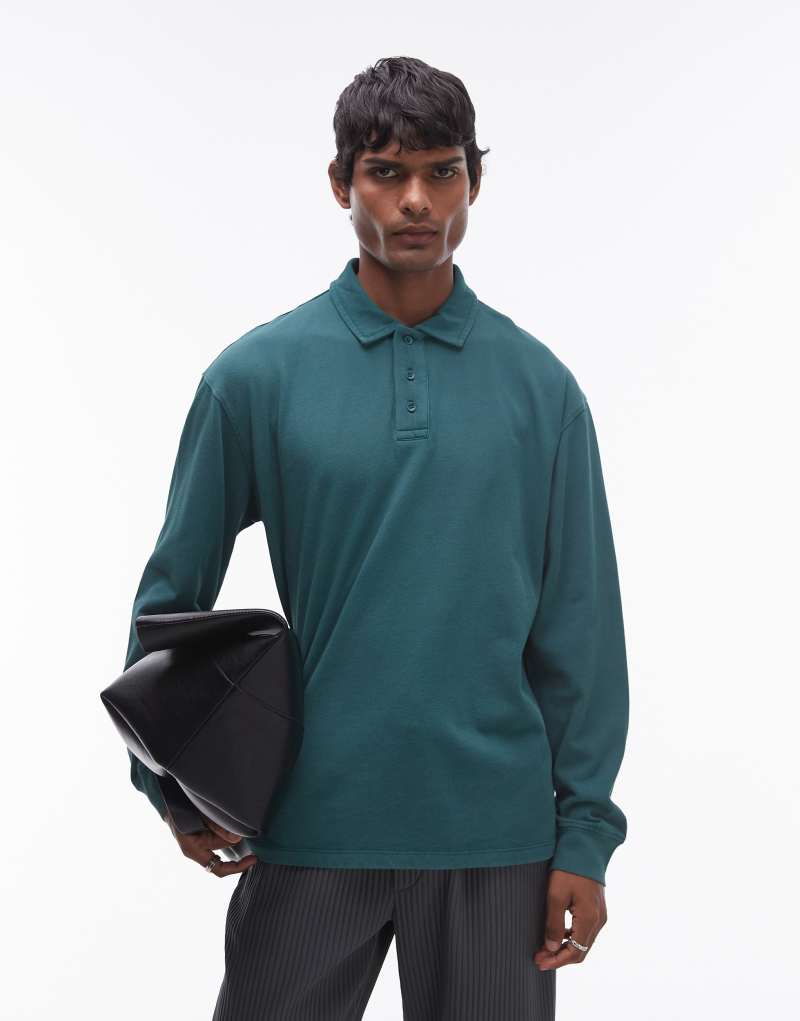 Topman long sleeve polo in washed green TOPMAN