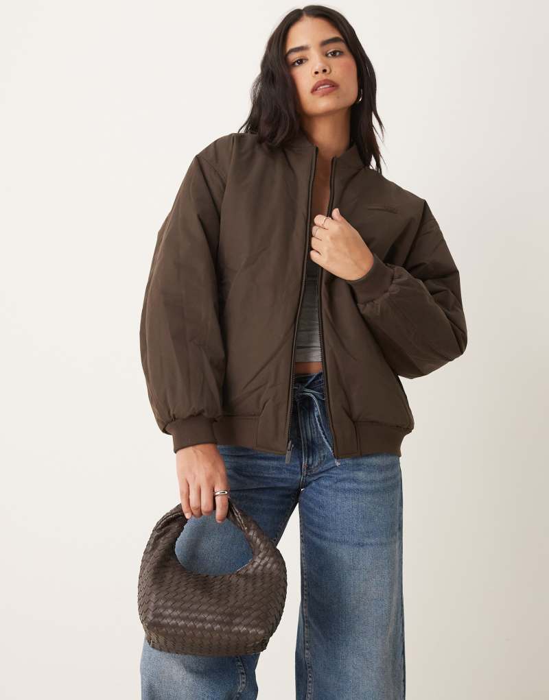 Tala oversized reversible bomber jacket in black and espresso Tala