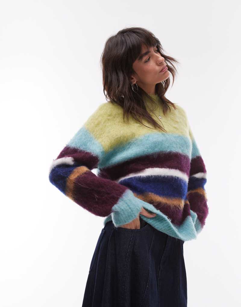 Topshop knitted fluffy stripe relaxed sweater in multi stripe TOPSHOP