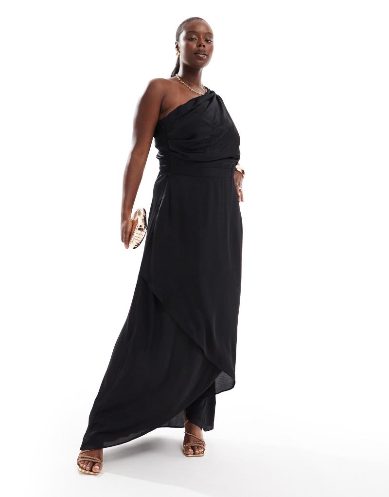 TFNC Plus Bridesmaid one shoulder satin maxi dress in black TFNC