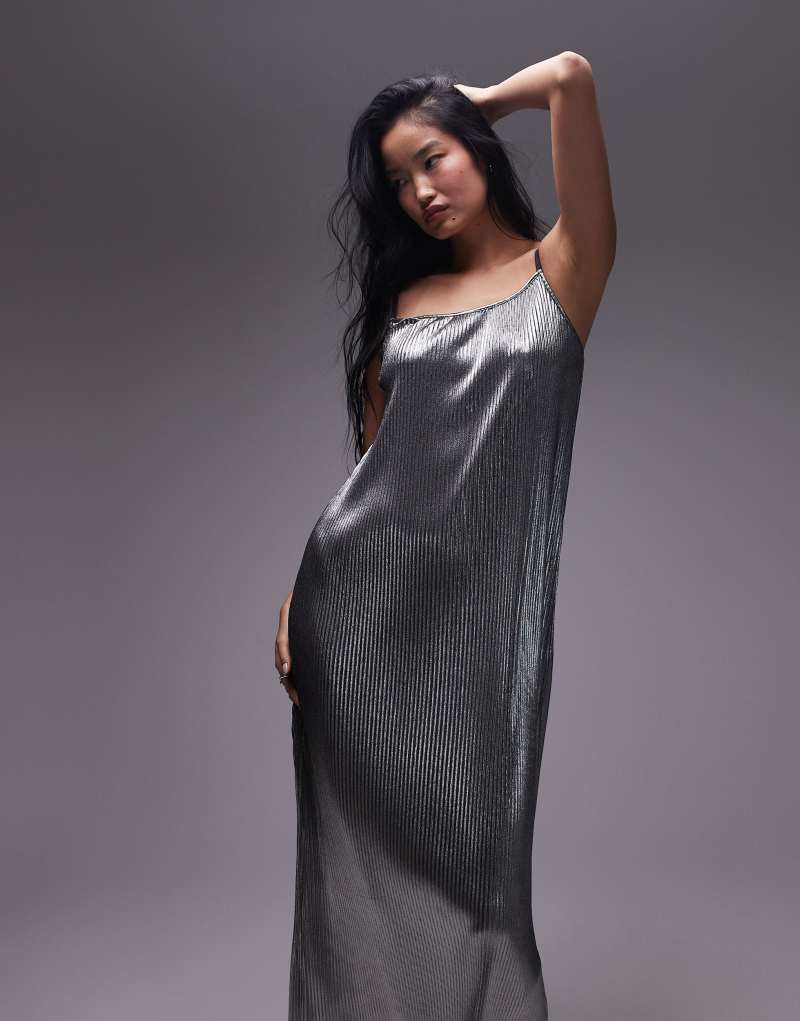 Topshop spaghetti strap silver plisse cami maxi dress TOPSHOP