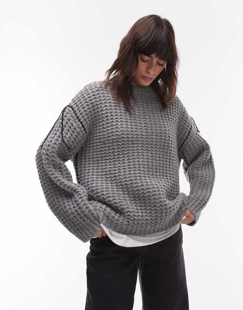 Topshop knit half cardi exposed seam crew neck oversized sweater in gray TOPSHOP