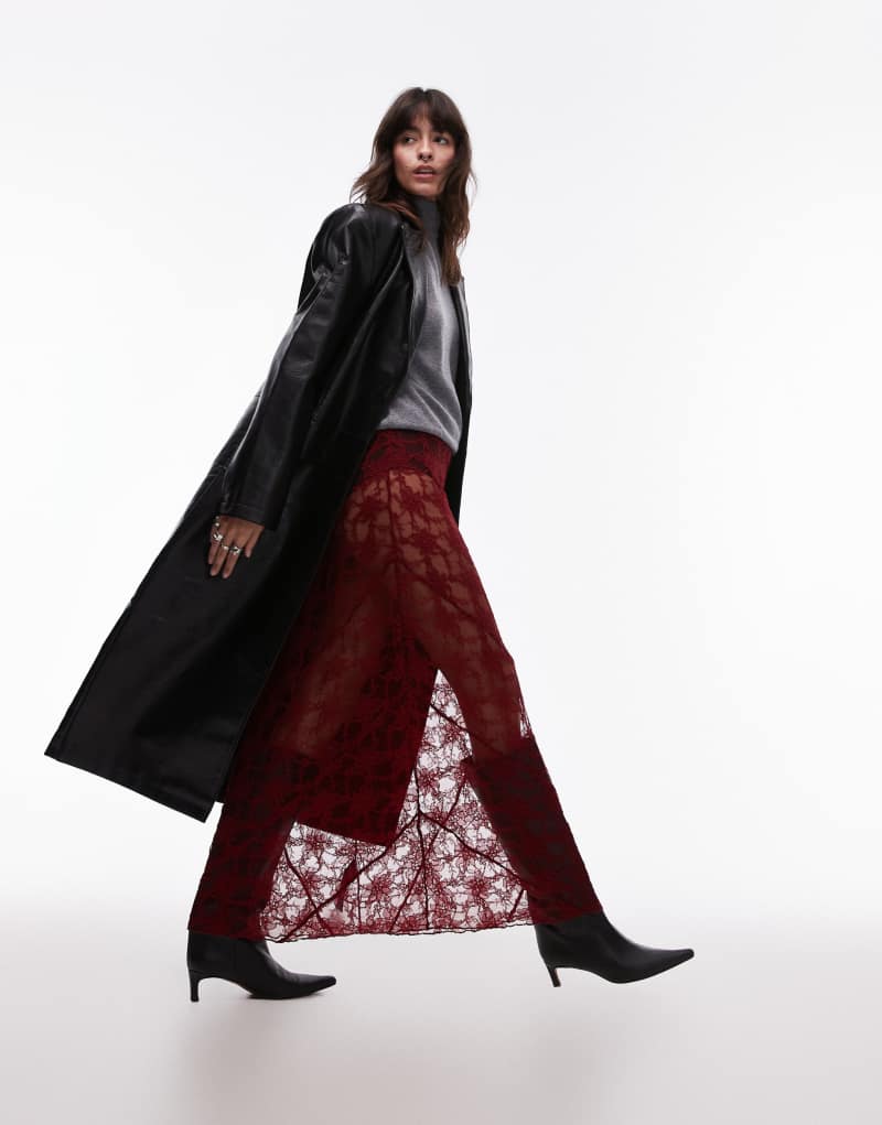 Topshop diagonal lace tier maxi skirt in burgundy TOPSHOP