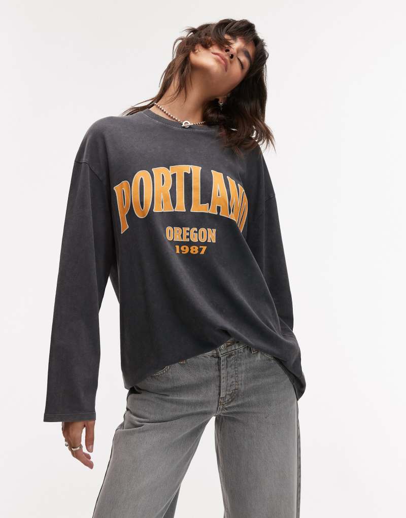 Topshop graphic Portland long sleeve skater tee in gray TOPSHOP