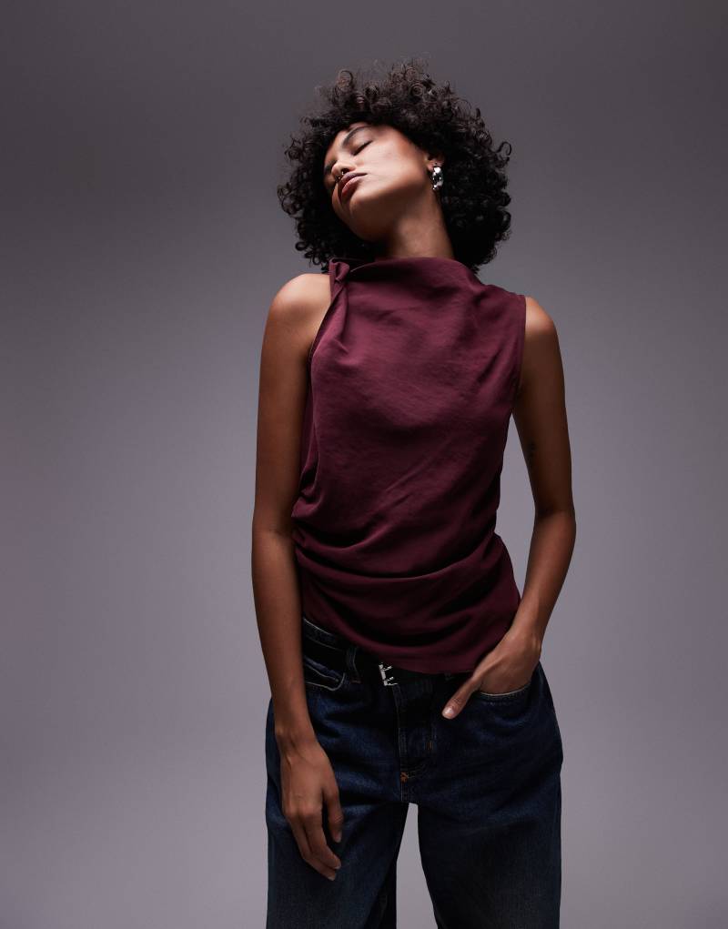 Topshop knot side sleeveless top in burgundy TOPSHOP