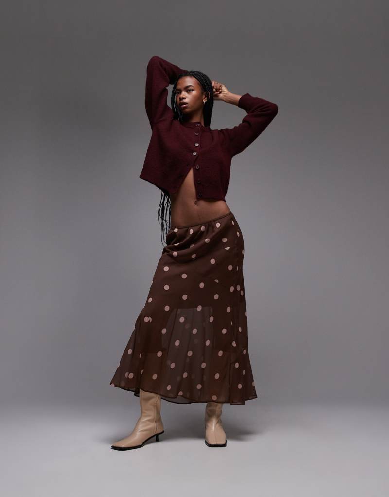 Topshop chiffon cutabout skirt in brown polka dot TOPSHOP