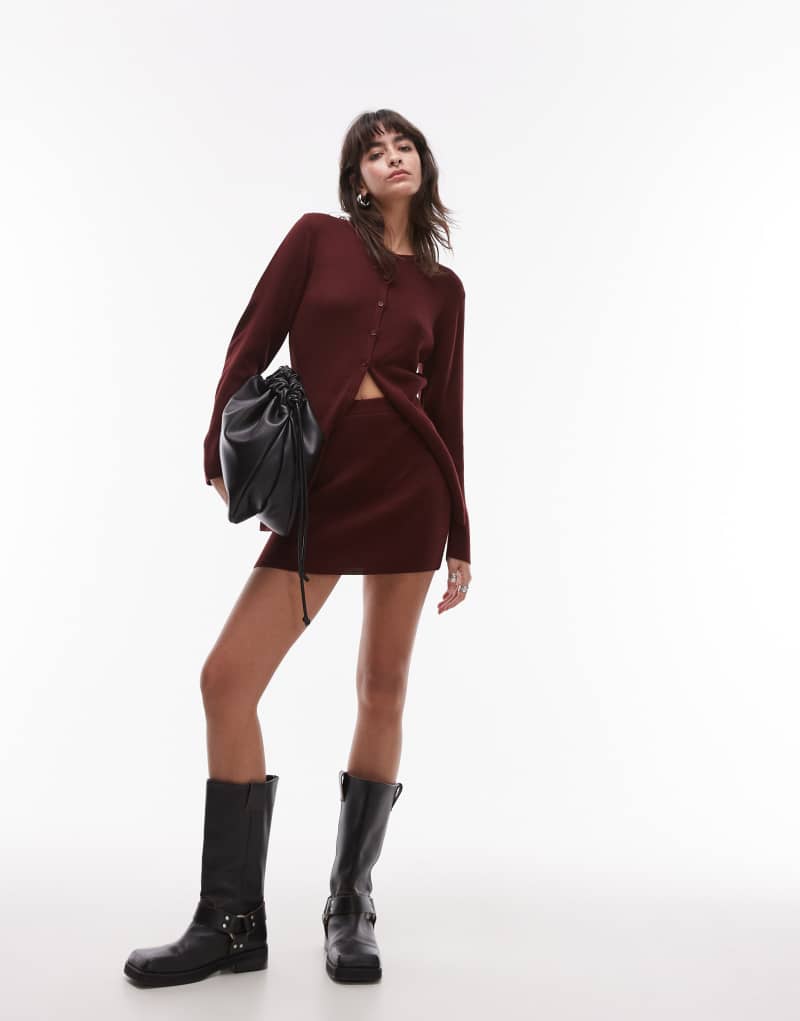 Topshop compact knitted mini skirt in burgundy - part of a set TOPSHOP