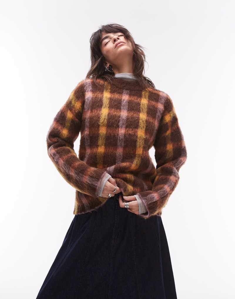 Topshop knitted blurred check relaxed longline sweater in brown TOPSHOP