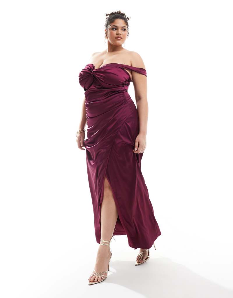 TFNC Plus satin off shoulder maxi dress in berry TFNC