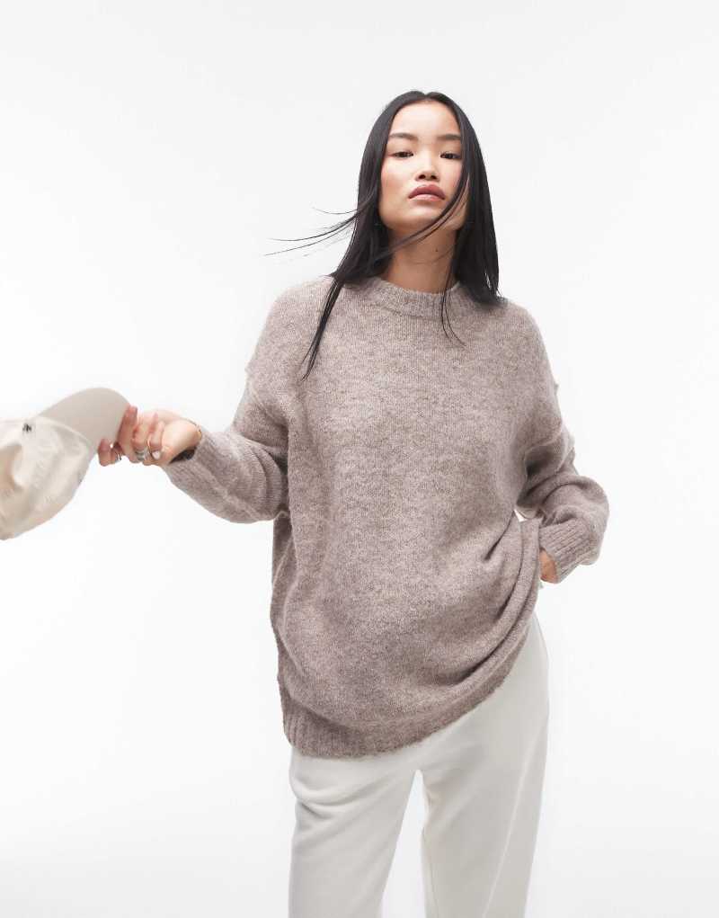 Topshop knitted exposed contrast seam oversized sweater in oat TOPSHOP