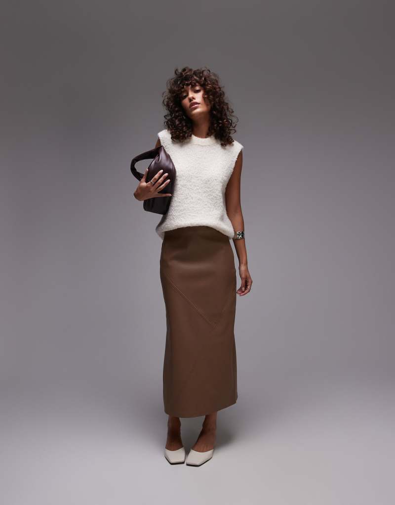 Topshop faux leather clean midi skirt in coffee TOPSHOP