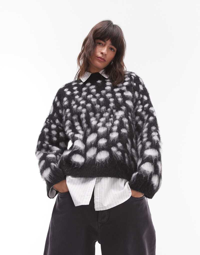 Topshop knit ultra fluffy relaxed sweater in mono spot TOPSHOP