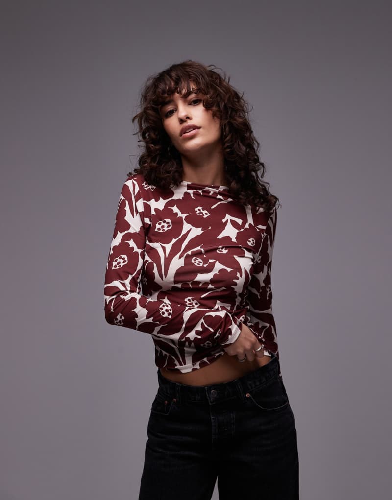 Topshop microfiber all over floral long sleeve top in red TOPSHOP