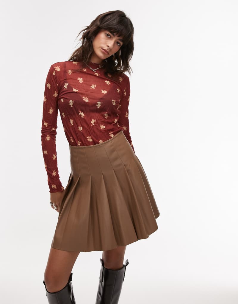 Topshop high neck crinkle ditsy print long sleeve top in burgundy TOPSHOP