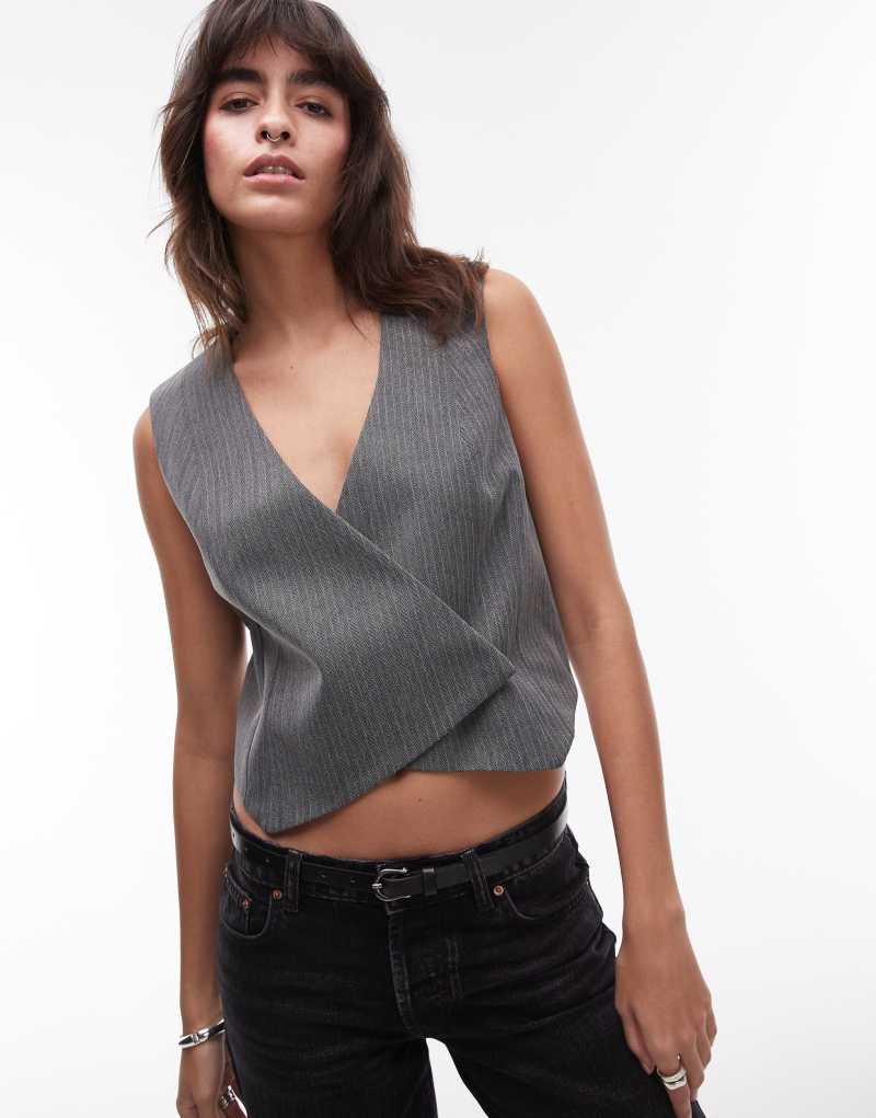 Topshop asymmetric wrap vest in charcoal TOPSHOP