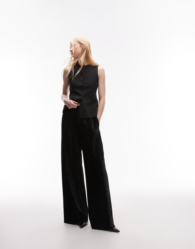 Topshop Tall crushed velvet wide leg pants with skinny waistband in black Topshop Tall