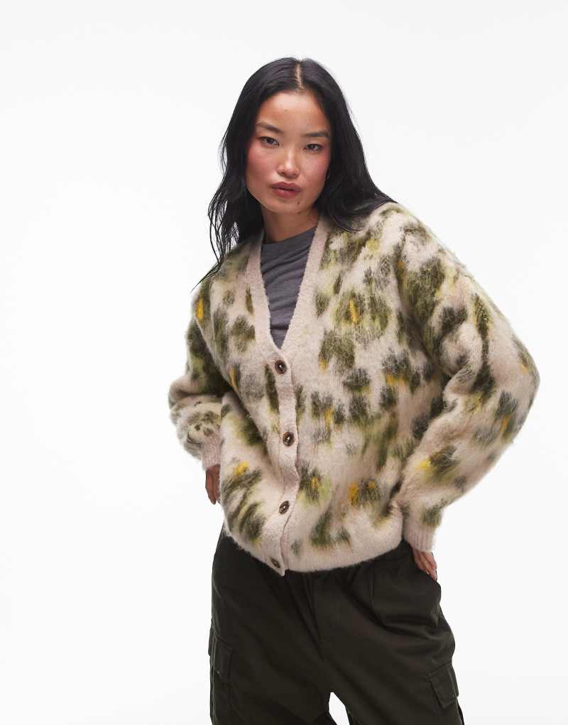 Topshop knit brushed abstract animal oversized cardi in green print TOPSHOP