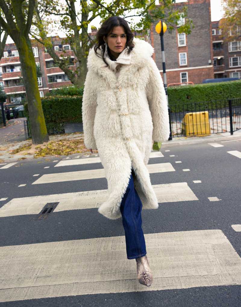 Topshop faux fur duffle hooded long coat in cream TOPSHOP