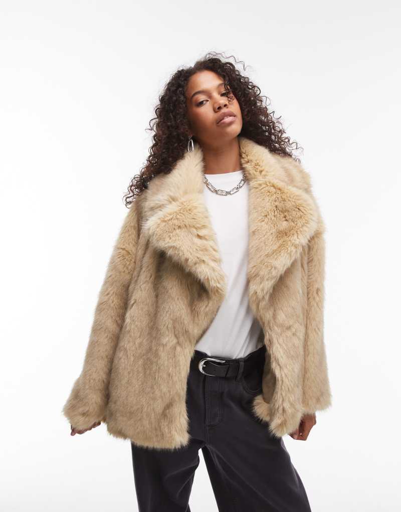 Topshop faux fur midi coat in buttermilk TOPSHOP