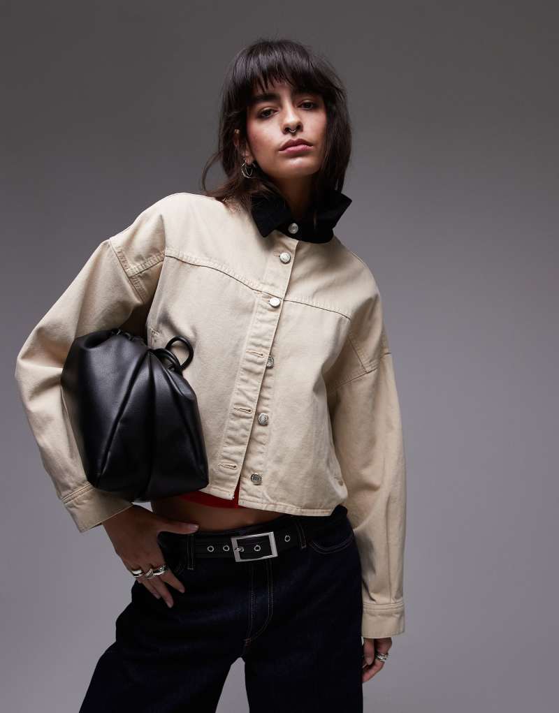 Topshop canvas long boxy shirt with contrast cord collar in tan TOPSHOP