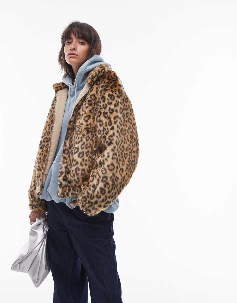 Topshop faux fur leopard print zip through bomber jacket in multi TOPSHOP