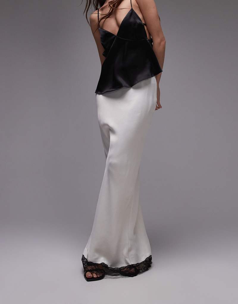 Topshop satin bias cut maxi skirt in ivory with black lace TOPSHOP