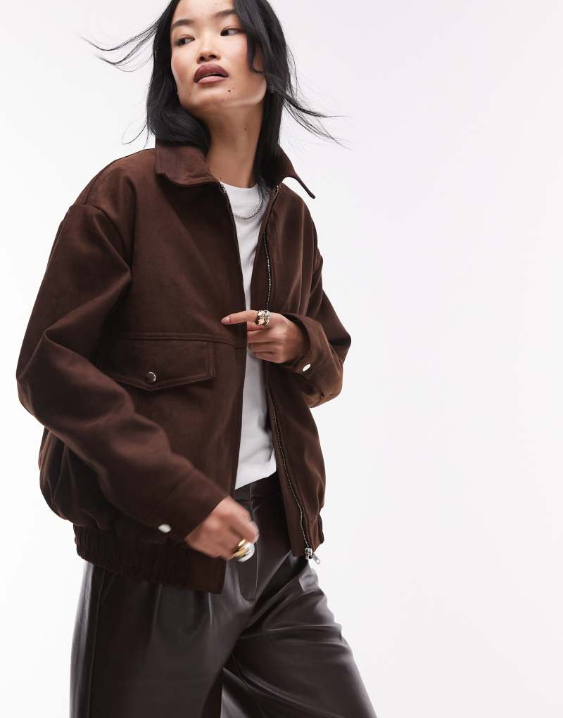 Topshop faux suede bomber jacket in brown TOPSHOP