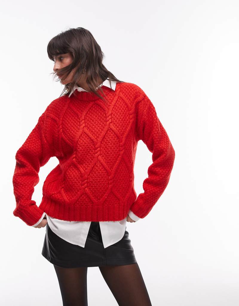 Topshop knit chunky twist cable crew neck oversized sweater in red TOPSHOP