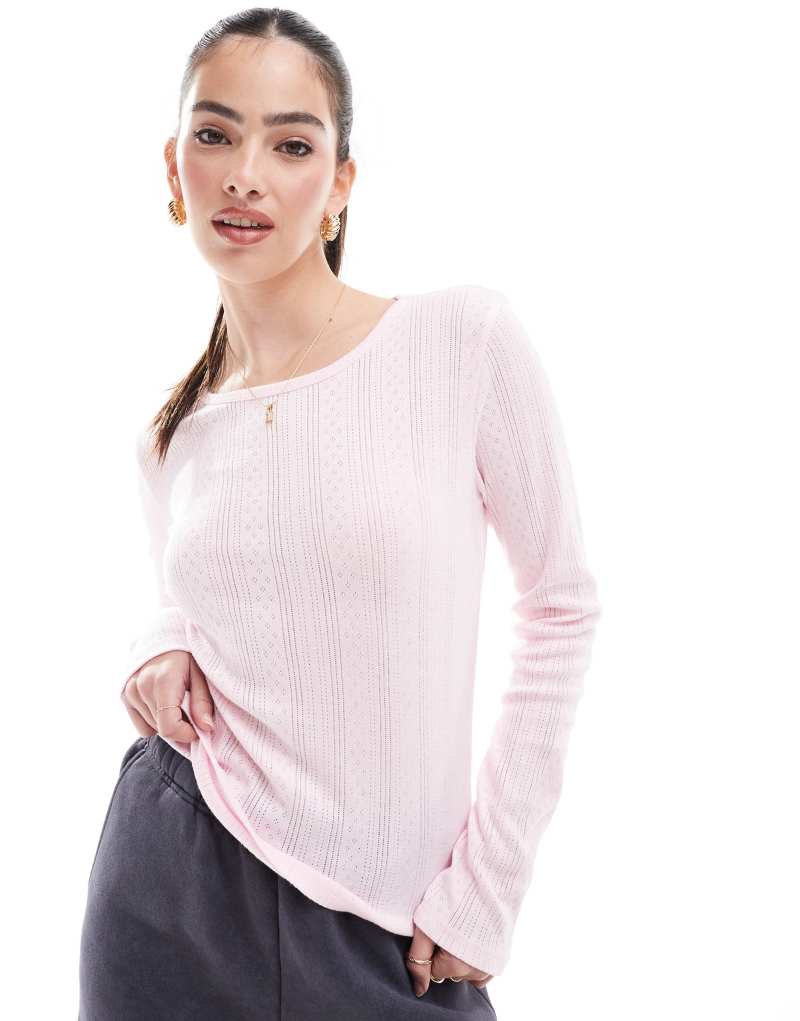 Vero Moda pointelle long sleeve top in baby pink VERO MODA