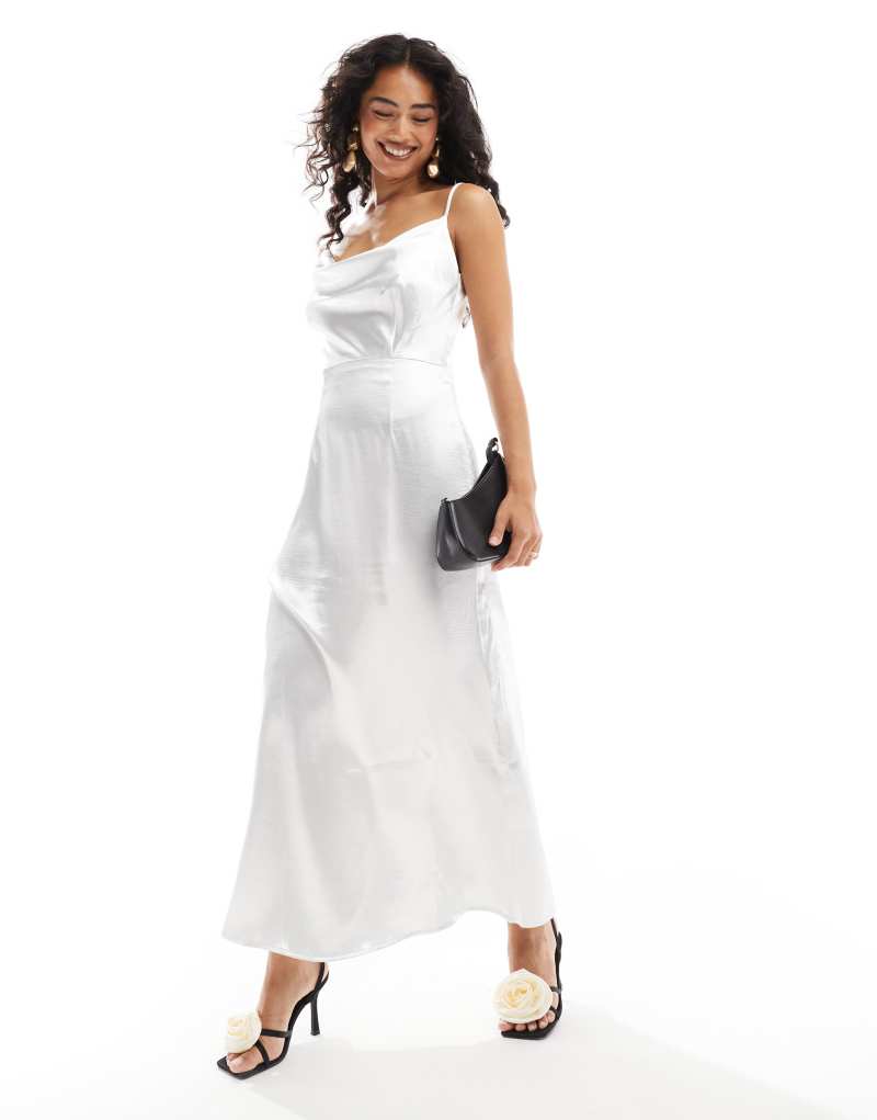 Vila satin cowl neck maxi dress in silver white Vila