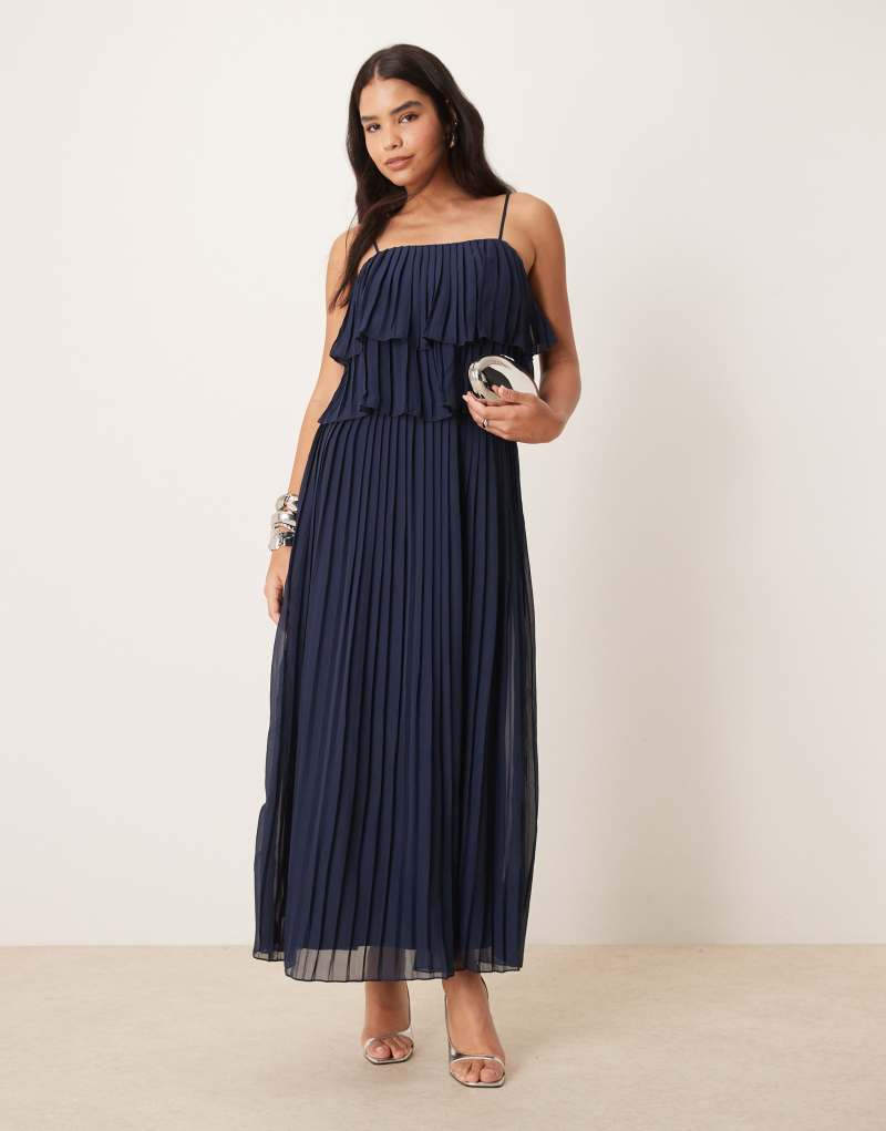 VILA pleated ruffle layer cami maxi dress in navy Vila