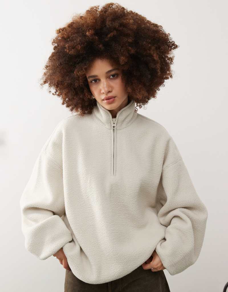 Weekday Carro half zip teddy sweatshirt in off-white Weekday