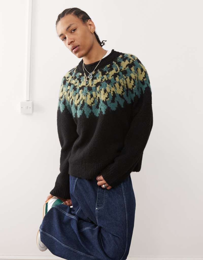 Weekday Momo wool blend oversized fairisle sweater in black Weekday