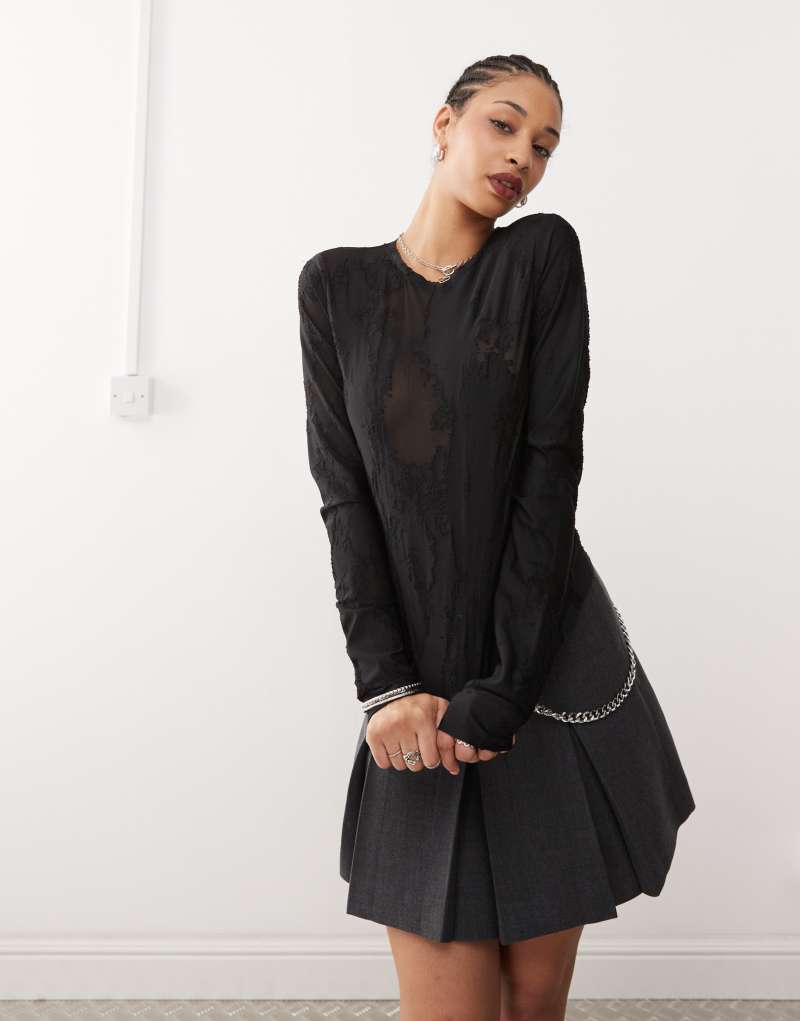 Weekday Nico burnout long sleeve mesh top in black Weekday