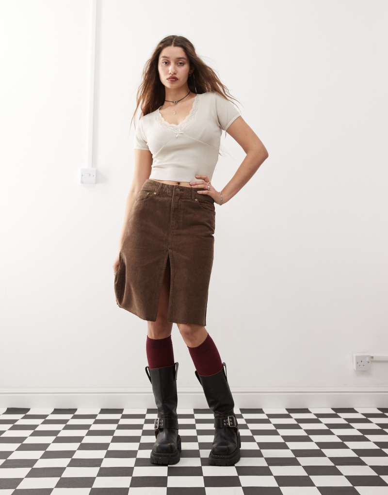 Weekday cord midi skirt with front split in washed brown Weekday