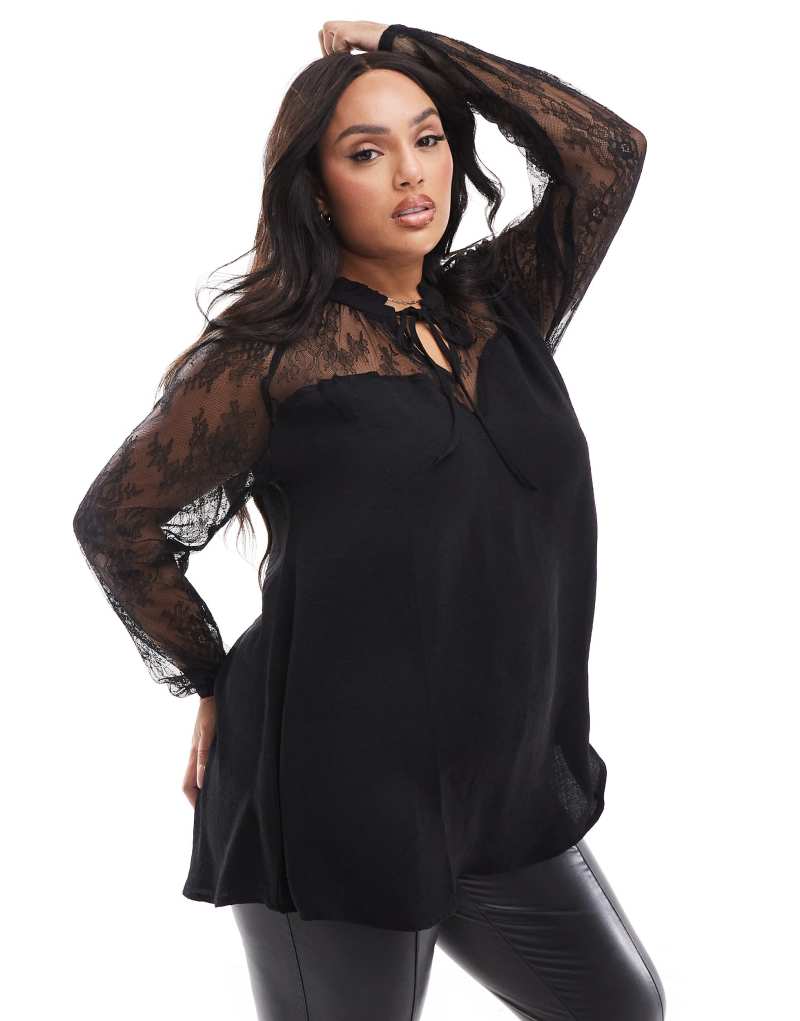 Yours sweetheart lace tie neck blouse in black Yours