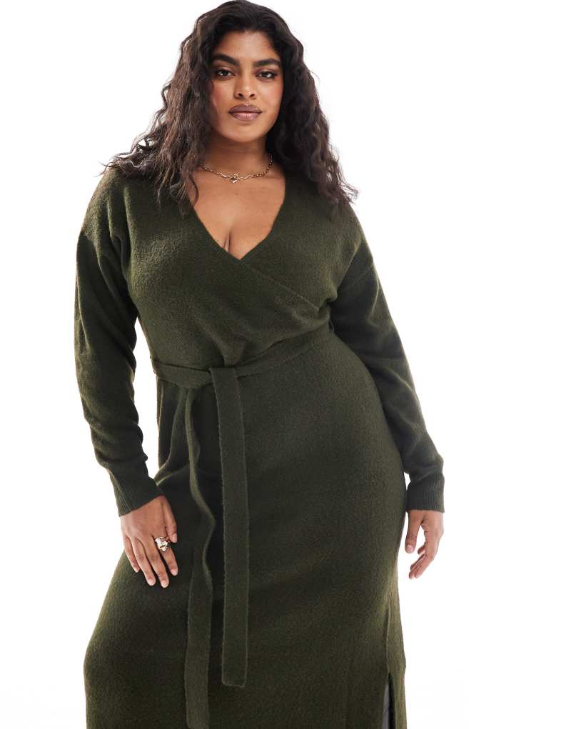 Yours exclusive v-neck wrap knit midi dress in khaki Yours