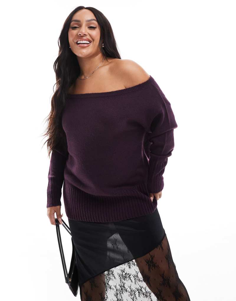 Yours off shoulder bardot sweater in burgundy Yours